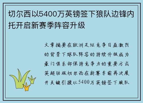 切尔西以5400万英镑签下狼队边锋内托开启新赛季阵容升级
